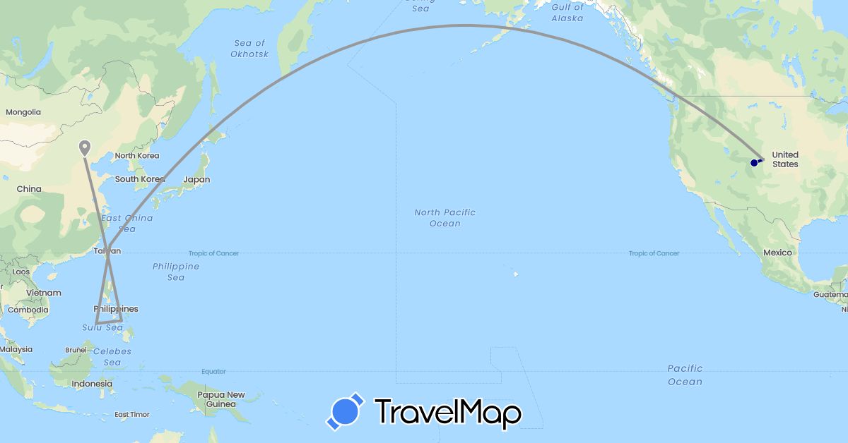 TravelMap itinerary: driving, plane in Canada, China, Philippines, Taiwan, United States (Asia, North America)